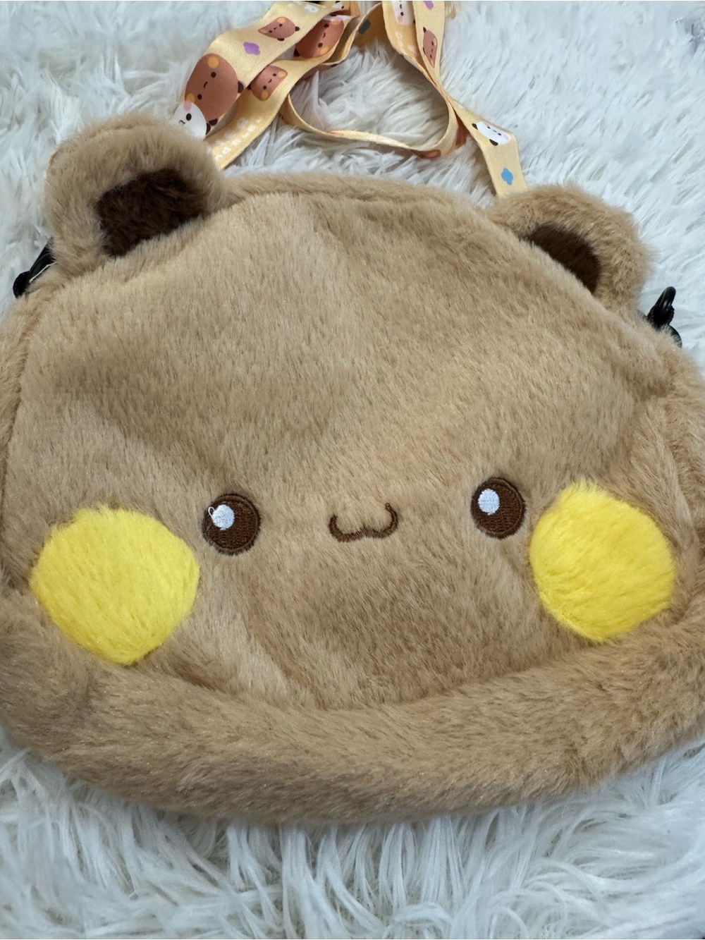 Cute Tan Plush Bear Crossbody Bag with Yellow Cheeks